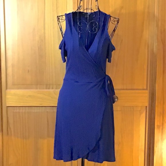 Royal Blue Cold Shoulder Wrap Mini Dress - Picture 1 of 2